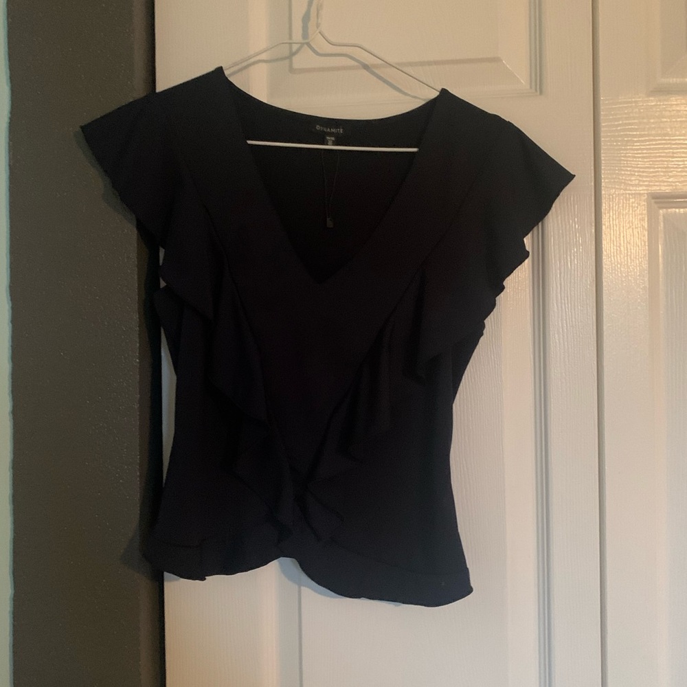 Navy short sleeved blouse with ruffle detail